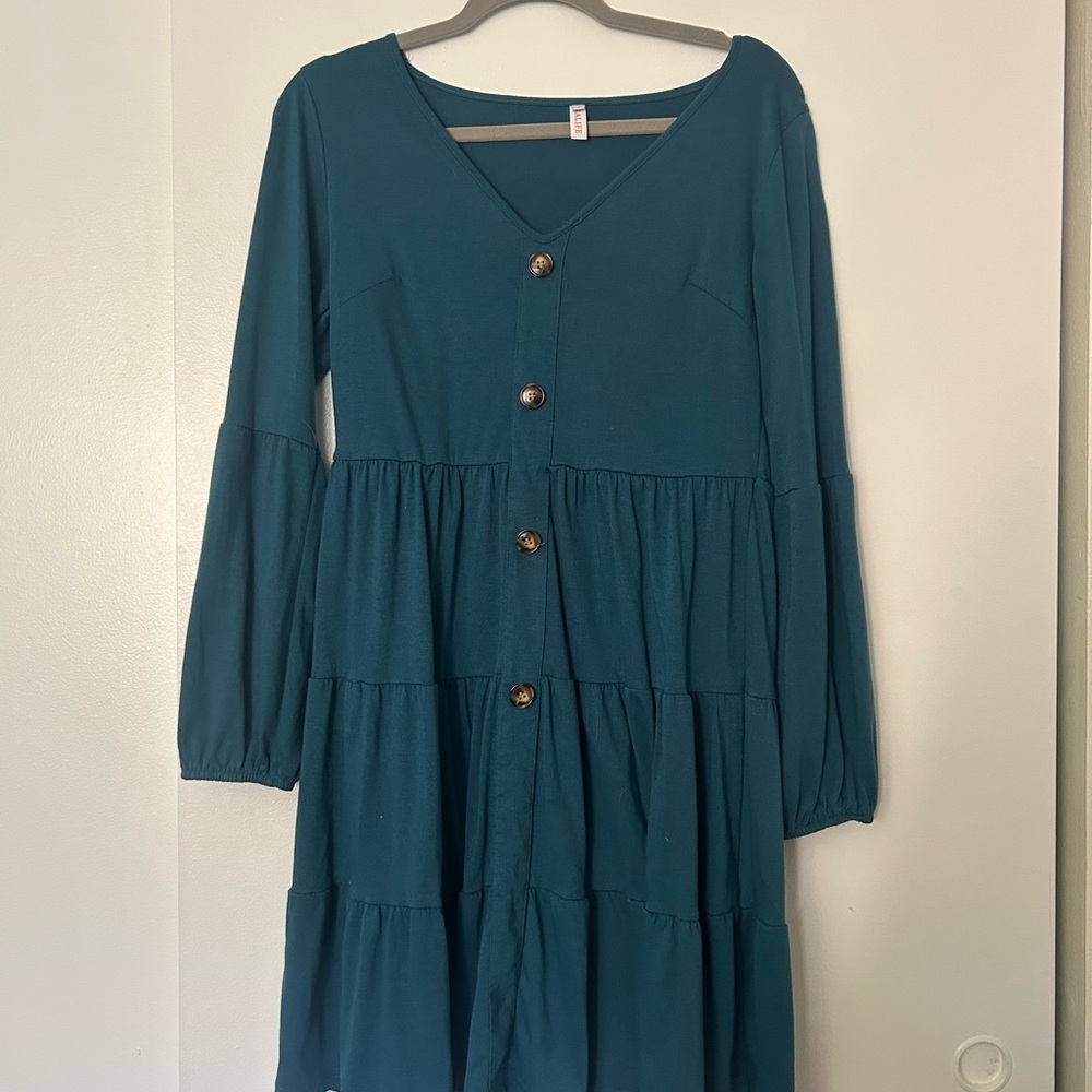 Tiered Long Sleeve V-Neck Dress in Teal